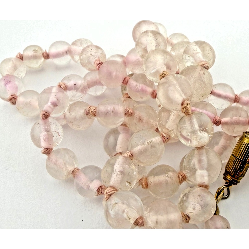 Vintage Pink Rose Quartz Stone Beaded Long Knotted Necklace Barrel Clasp 16"